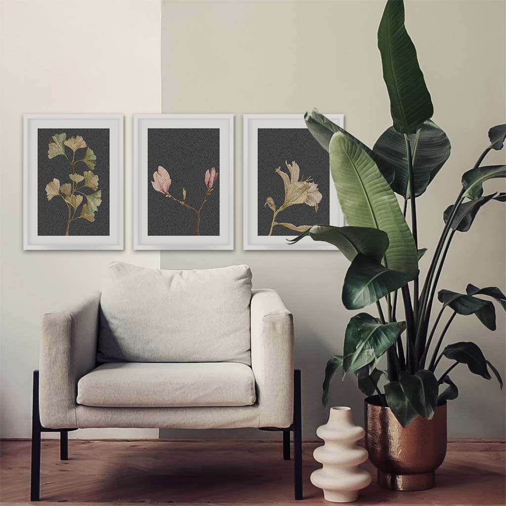 Vintage Botanical Leaves - Set Of 3 Prints Black Frame Wall Art Print Set Of 3 - Abstract House