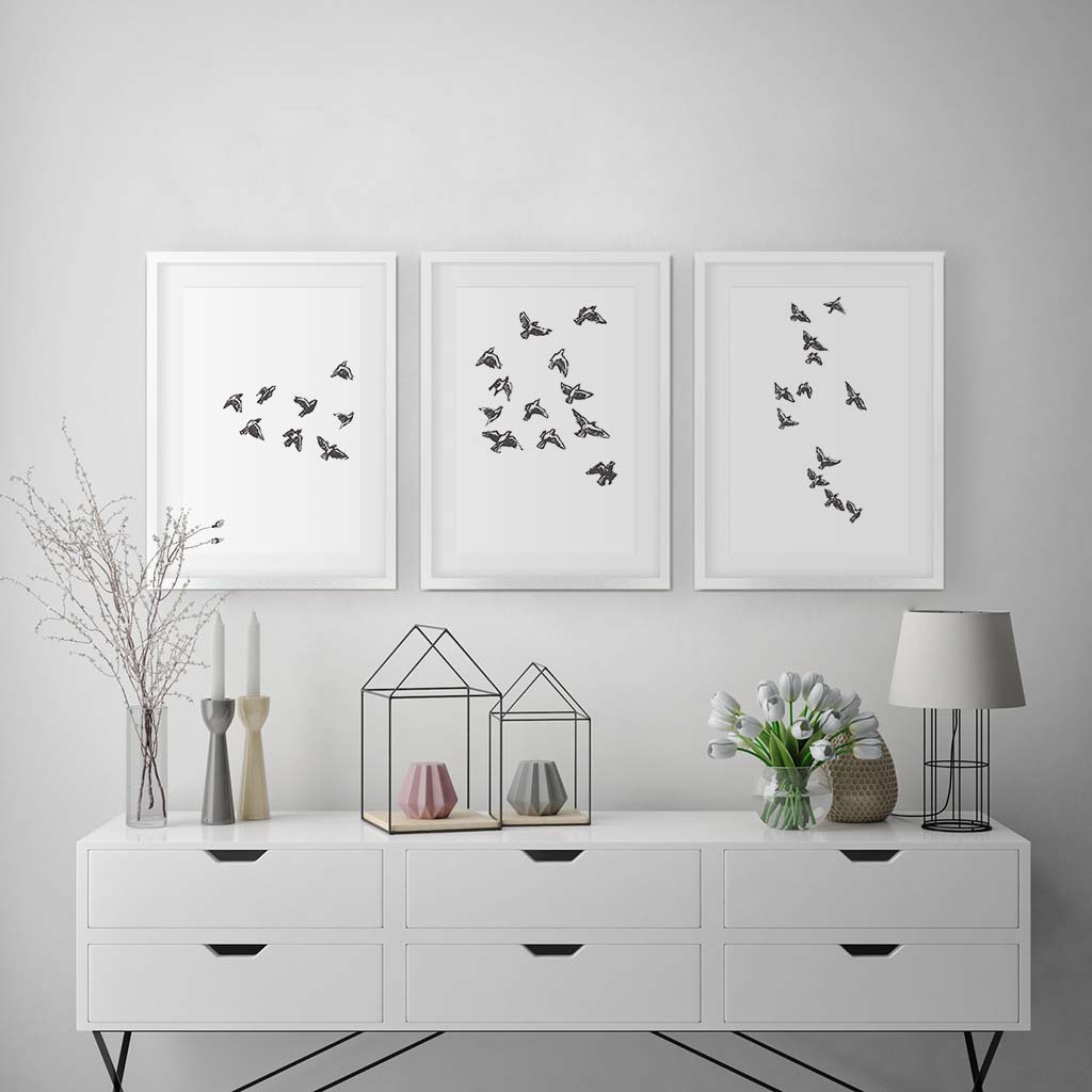 Watercolour Bird Sketches - Set Of 3 Prints Black Frame Wall Art Print Set Of 3 - Abstract House